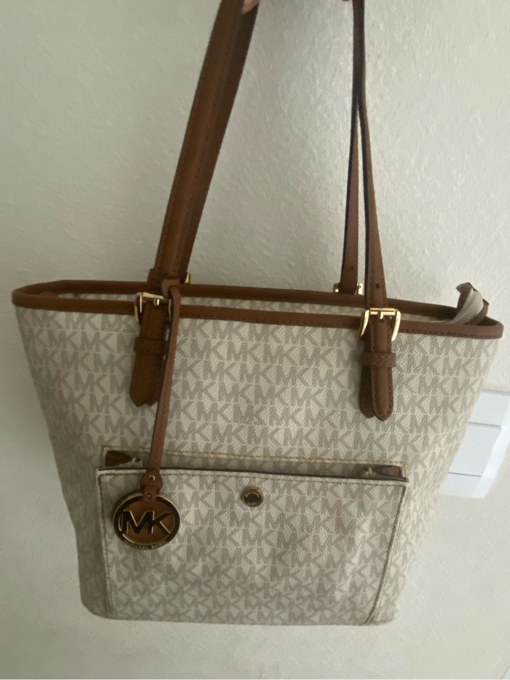 Michael Kors Cream MK Monogram Tote with Brown Trim